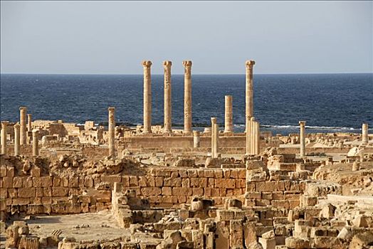 发掘地,墙壁,柱子,海洋,萨布拉塔,利比亚
