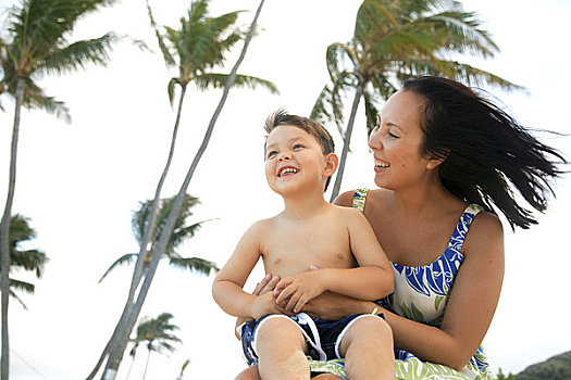 夏威夷,瓦胡岛,高兴,母亲,互动,儿子