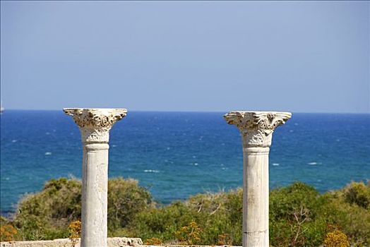 两个,柱子,早,基督教,大教堂,海洋,拿着,天空,遗迹,意大利腊肠,塞浦路斯北部
