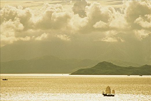 香港,船,海洋,日落