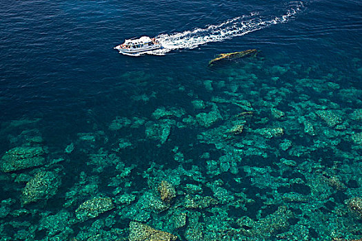 俯拍,游船,地中海,靠近,博尼法乔,科西嘉岛