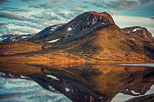 山,反射,湖,挪威,秋天,红色,风格,彩色