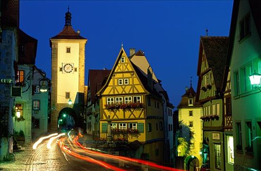 街景,夜景,罗腾堡,巴伐利亚,浪漫大道,德国