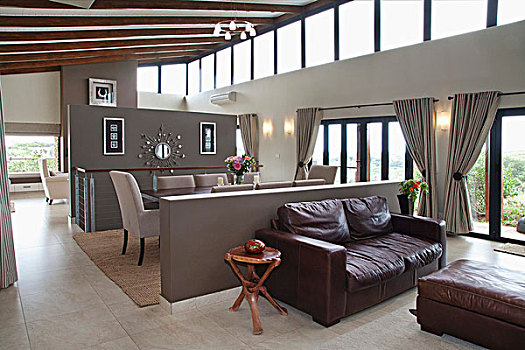 褐色,皮沙发,土耳其,正面,墙壁,就餐区,室内,现代住宅