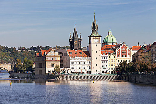 风景,上方,伏尔塔瓦河,斯美塔那,博物馆,旧城桥塔,布拉格,波希米亚,捷克共和国,欧洲