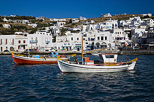 希腊,岛屿,米克诺斯岛,港口,城镇,彩色,渔船,停泊,小