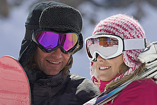 微笑,伴侣,穿,滑雪护目镜