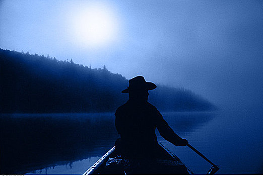 剪影,人,独木舟,雾,河,不列颠哥伦比亚省,加拿大