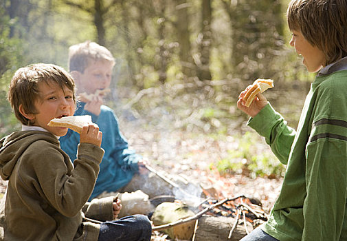 三个男孩,坐,营火,吃,三明治