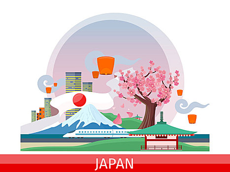 日本,矢量,概念,度假,旅途,亚洲,插画,星球,表面,城市风光,富士山,灯笼,樱花,树,塔,旅游胜地,旅行社,广告