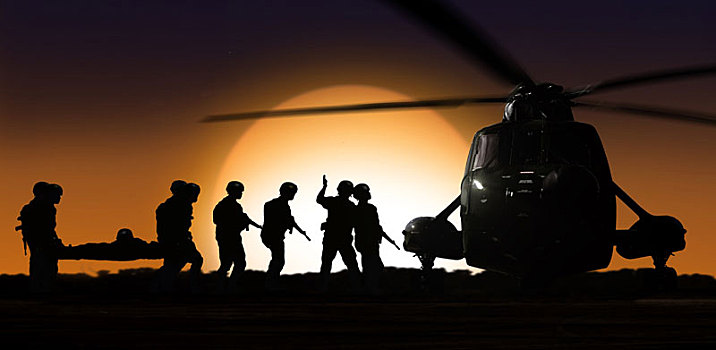 救助,直升飞机,军人,地上,日落