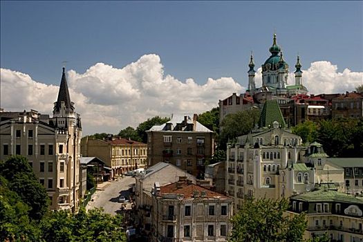 乌克兰,基辅,教堂,神圣,安德里亚,建造,木头,石头,建筑师,蓝天,云,阳光,风景,城堡,2004年