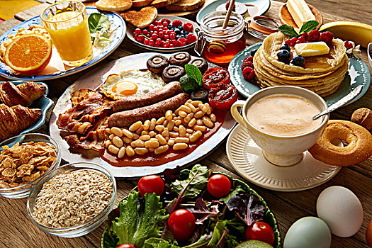 早餐,自助餐,满,英国,咖啡,橙汁,沙拉,牛角面包,水果
