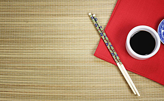 编织物,垫,红色,餐巾,圆,碗,蘸酱,蓝色,盘子,一对,筷子