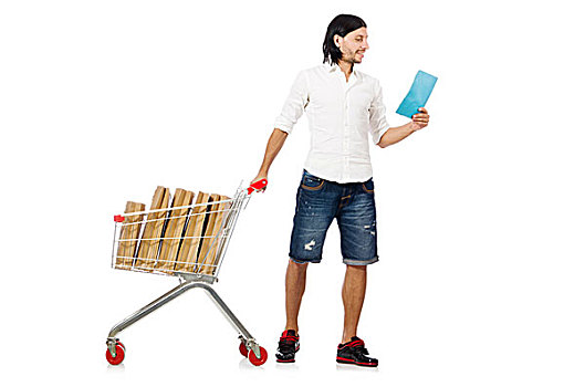 男人,购物,超市,篮子,手推车,隔绝,白色背景