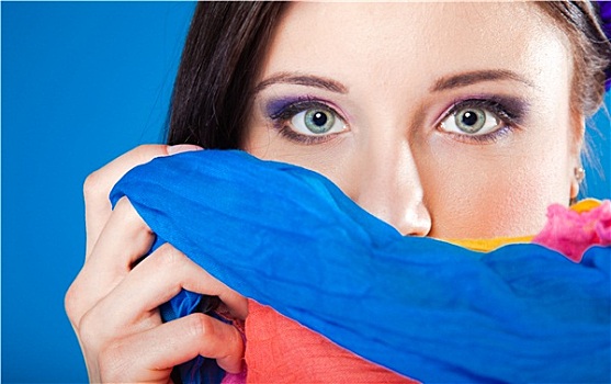 女人,脸,围巾,蓝色背景