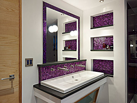 镜子,盆,紫色,砖瓦,背影,淋浴间,家,英国