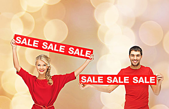 销售,购物,圣诞节,休假,人,概念,微笑,男人,女人,红色,衣服,标识,上方,米色,背景