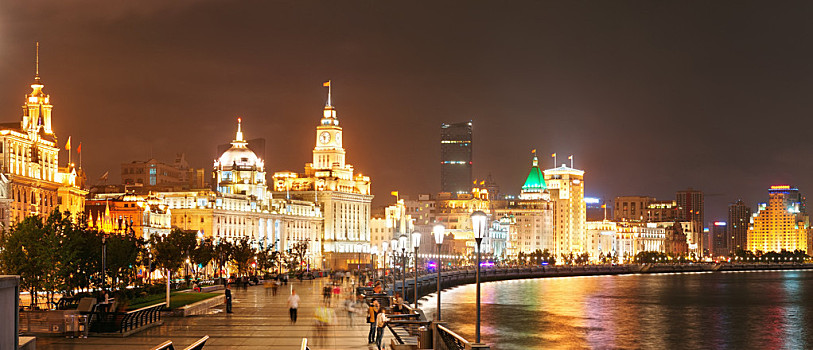 上海,外滩,夜晚,夜景,古建筑,上方,黄浦江,全景