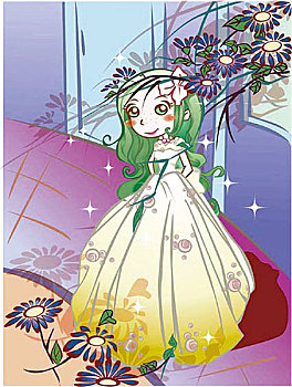 时尚插画,小公主,花,室内,长裙,绿色,长卷发,蝴蝶结