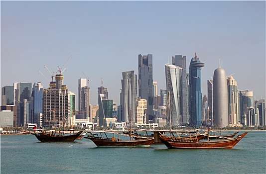 天际线,多哈,传统,阿拉伯,独桅三角帆船,卡塔尔,中东