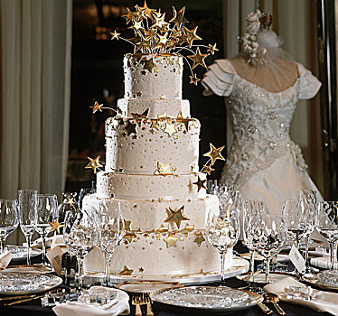 层次,婚礼蛋糕,金色,星,桌面布置