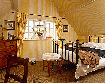 铁,双人床,黄色,乡村风格,卧室