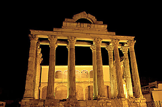 遗址,庙宇,夜晚,老,罗马,城市,梅里达,巴达霍斯省,西班牙,欧洲