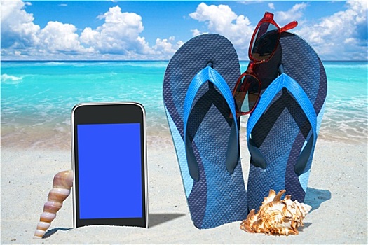 智能手机,人字拖鞋,海岸