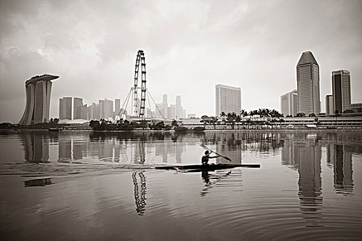 新加坡,天际线,城市,建筑,船,反射,上方,水