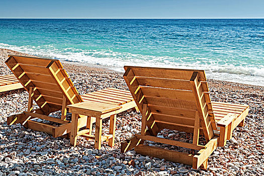 两个,木质,沙滩椅,站立,亚德里亚海,海岸,黑山