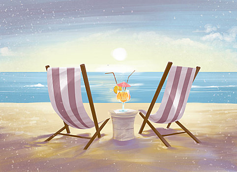 插画,折叠躺椅,海滩