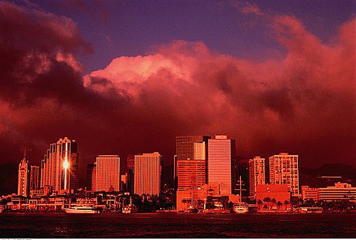 城市天际线,日落,檀香山,夏威夷,美国