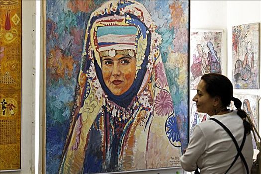女人,看,绘画,传统服饰,画廊,藍色清真寺,伊斯坦布尔,土耳其