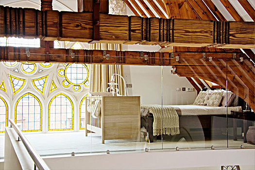 卧室,画廊,后面,玻璃,展示,木质,屋顶,建筑,新哥特风格,圆花窗,彩色玻璃