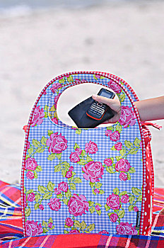 皮夹,手机,电话,包,海滩