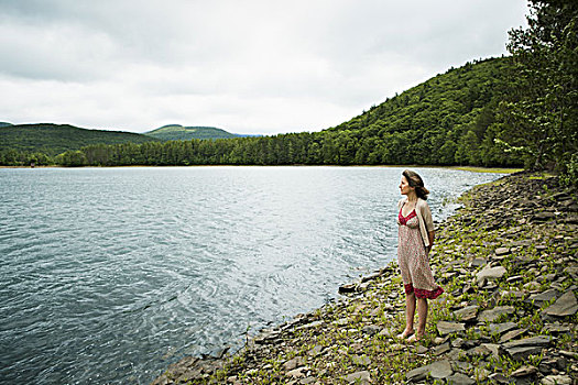 女人,乡村,高山湖