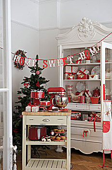 装饰,案板,正面,圣诞树,柜橱