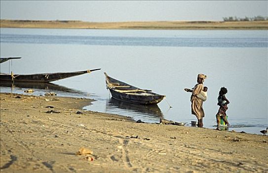 渔村,独木舟,向上,堤岸,尼日尔河