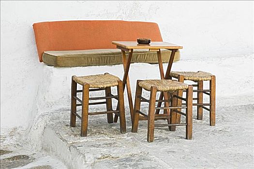 空,桌子,三个,凳子,餐馆,米克诺斯岛,基克拉迪群岛,希腊