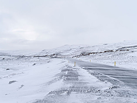 山景,北方,冰岛,冬天,道路,状况,遮盖,冰,暴风雪,欧洲,北欧,二月,大幅,尺寸
