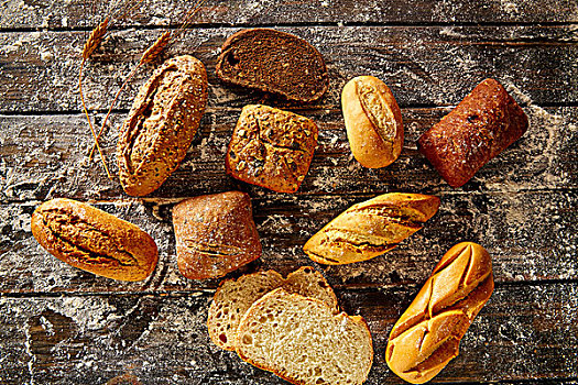 面包块,混合,乡村,木头,小麦粉,航拍