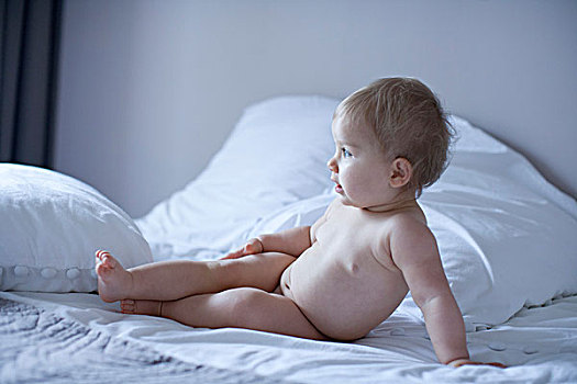 裸露,婴儿,倚靠,床
