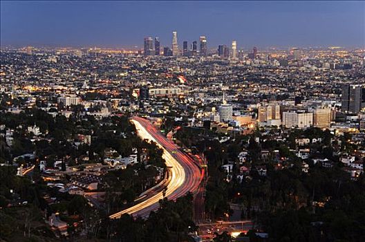 美国,加利福尼亚,洛杉矶,市区,摩天大楼,车灯,城市,公路