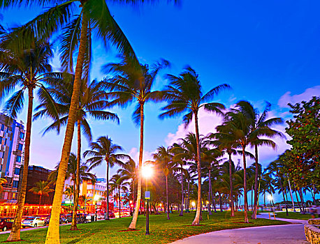 迈阿密海滩,南海滩,日落,海滨大道,佛罗里达