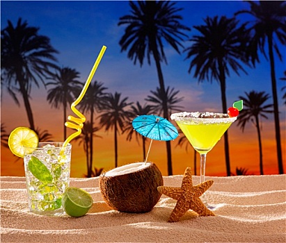 海滩,鸡尾酒,日落,棕榈树,沙子,薄荷叶松香,玛格丽塔酒