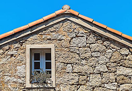 老,生活方式,建筑外观,碎片,石墙,窗户,红色,瓷砖,屋顶,科西嘉岛,法国