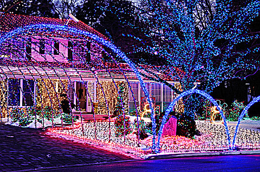 房子,装饰,彩色,圣诞灯光,发光,夜晚,圣诞节,假日,加拿大,2007年