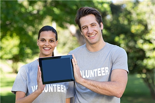高兴,志愿者,情侣,拿着,平板电脑