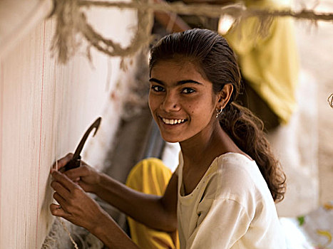 女孩,肖像,制作,地毯,拉贾斯坦邦,印度